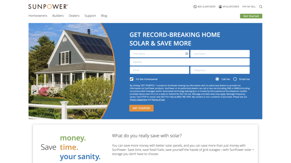 Sunpower website screenshot