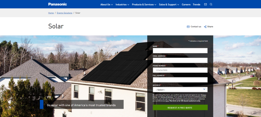 A screenshot of Panasonic Solar Website