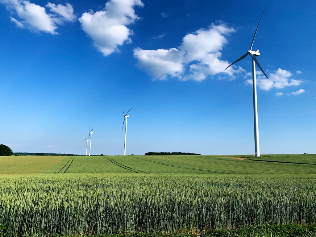 Wind turbines in a wheat field in Burgundy, France
