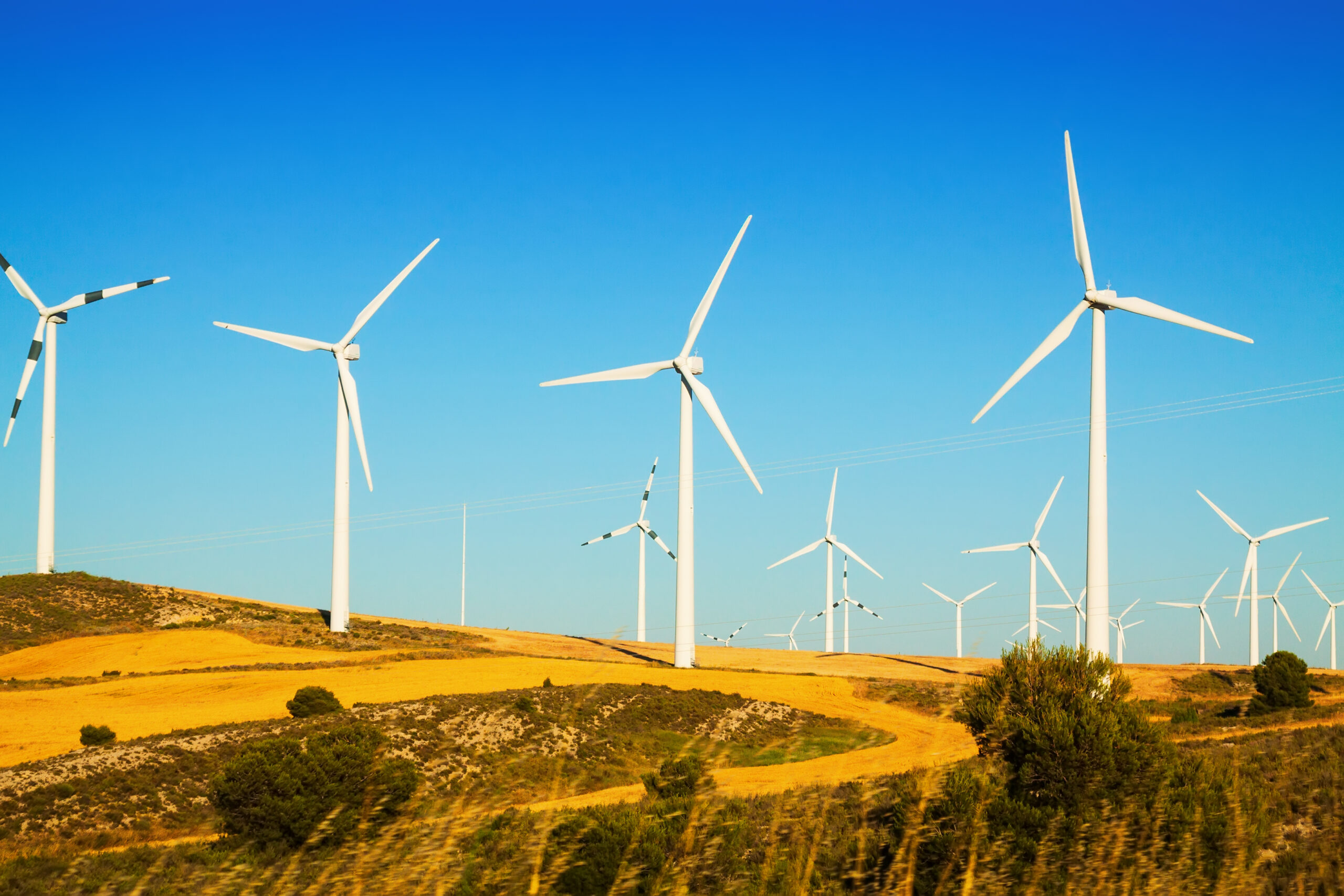 Wind farm at farmland in summer. Aragon