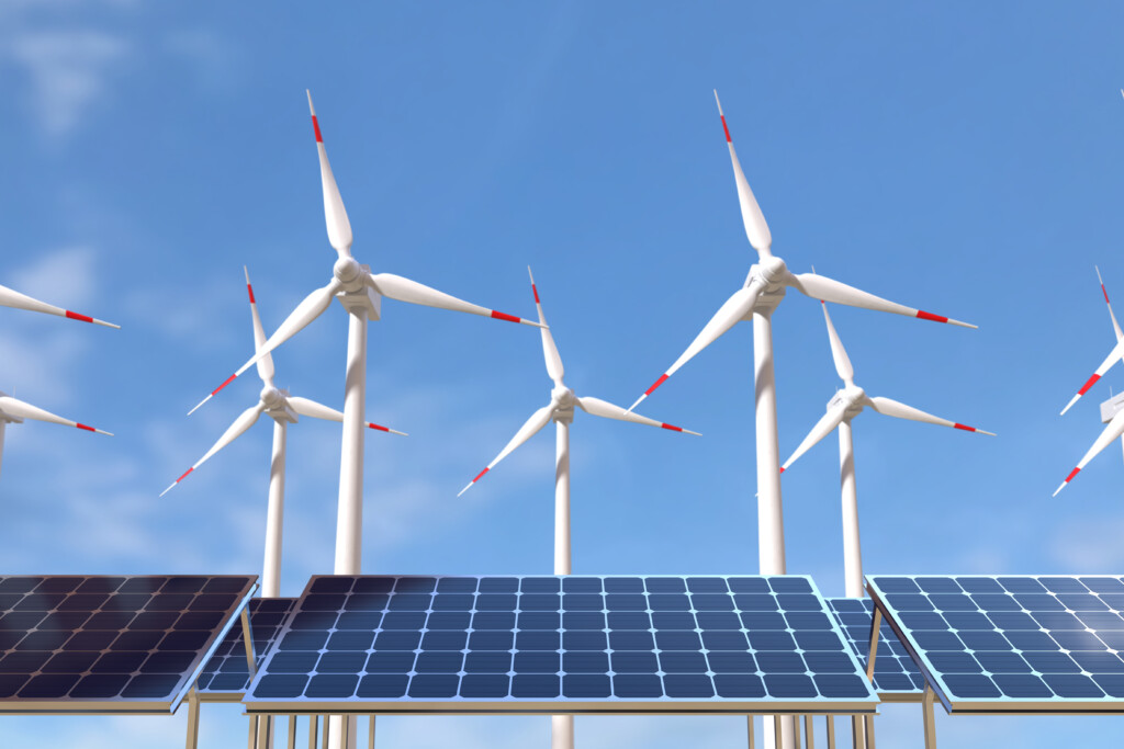 Solar panels and wind turbines, Green energy concept. 3D illustration
